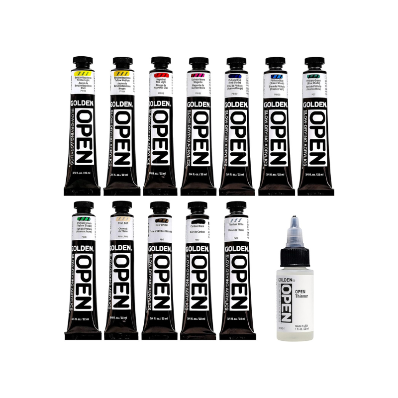 Boite de 12 tubes acrylique Golden Open + diluant