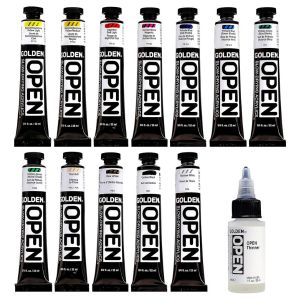 Boite de 12 tubes acrylique Golden Open + diluant