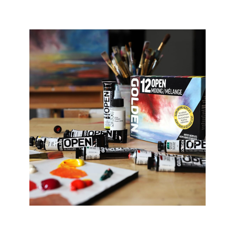 Assortiment de 12 tubes acrylique Golden Open + diluant