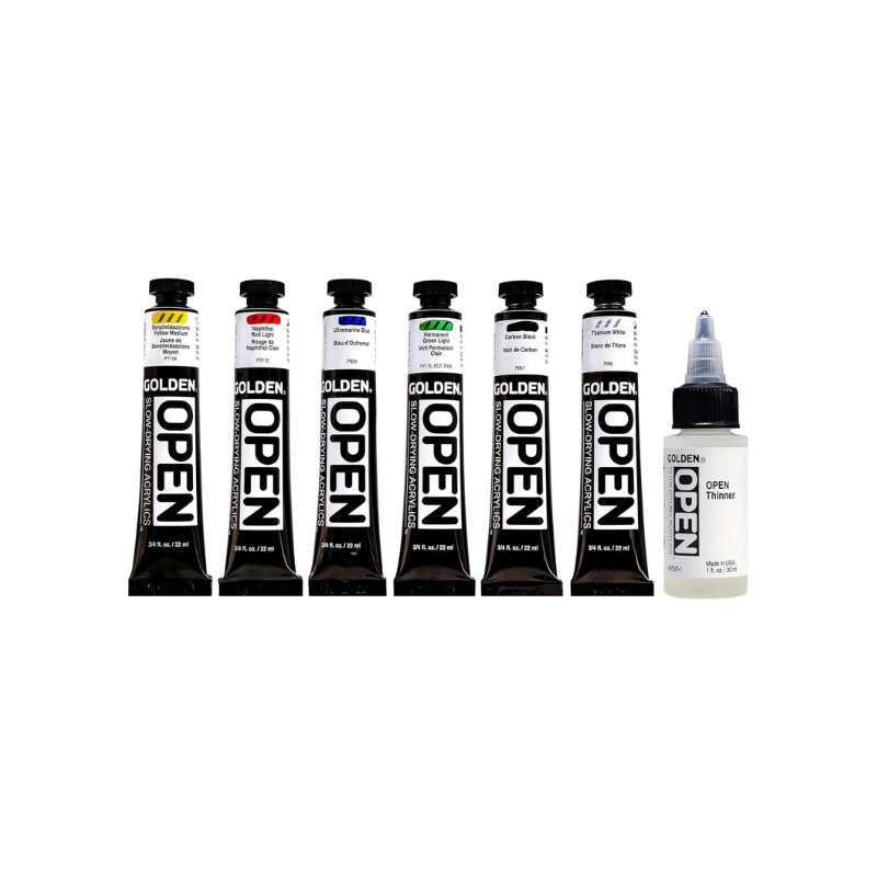Boite de 6 tubes acrylique Golden Open + diluant