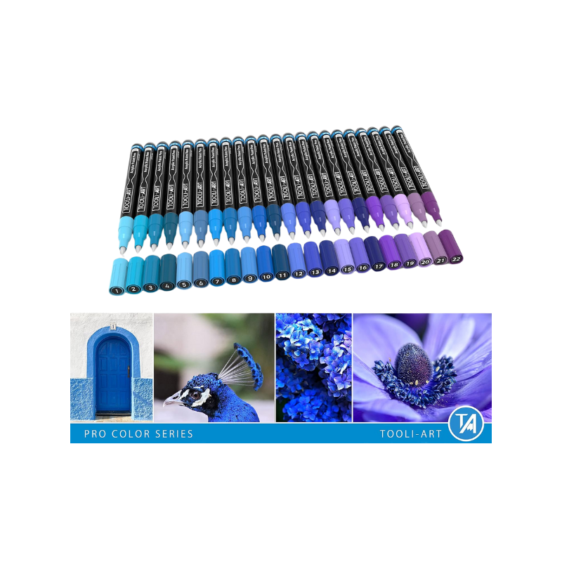 Set 22 marqueurs acrylique 0.7 mm - Bleu - Tooli-Art