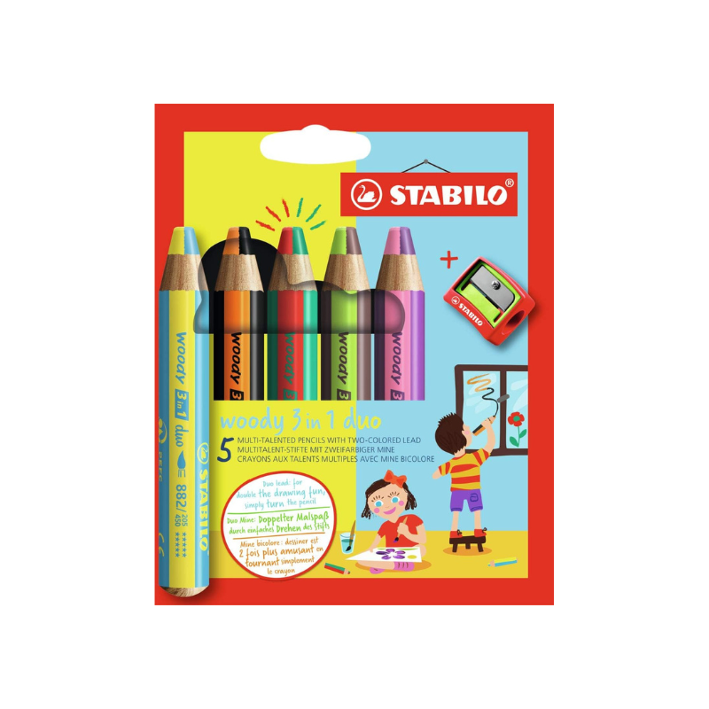 Pochette de 5 crayons WooDY Duo - avec taille-crayon - Stabilo
