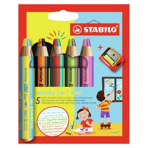 Pochette de 5 crayons WooDY Duo - avec taille-crayon - Stabilo