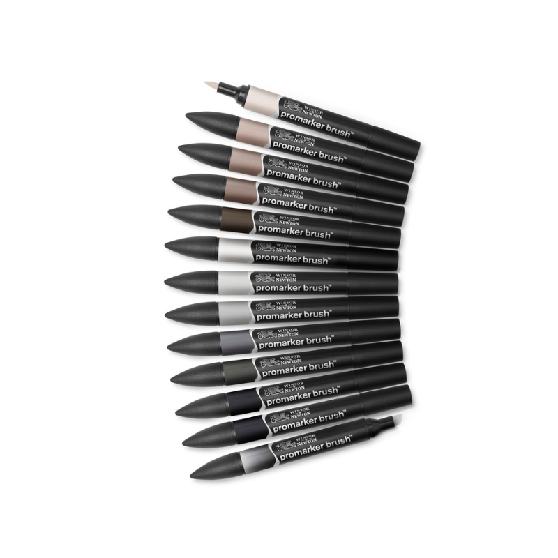 Assortiment 12 Promarker Brush Winsor & Newton + blender offert - Tons neutres