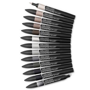 Assortiment 12 Promarker Brush Winsor & Newton + blender offert - Tons neutres