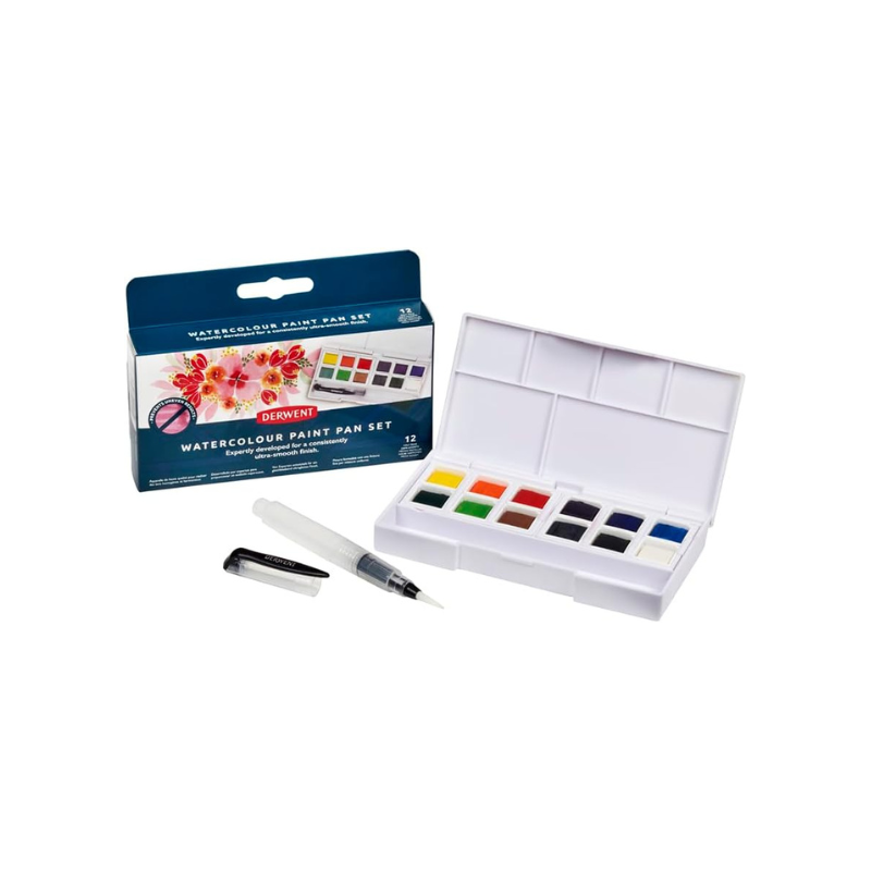 Set 12 demi-godets d'Aquarelle + pinceau réservoir - Derwent 