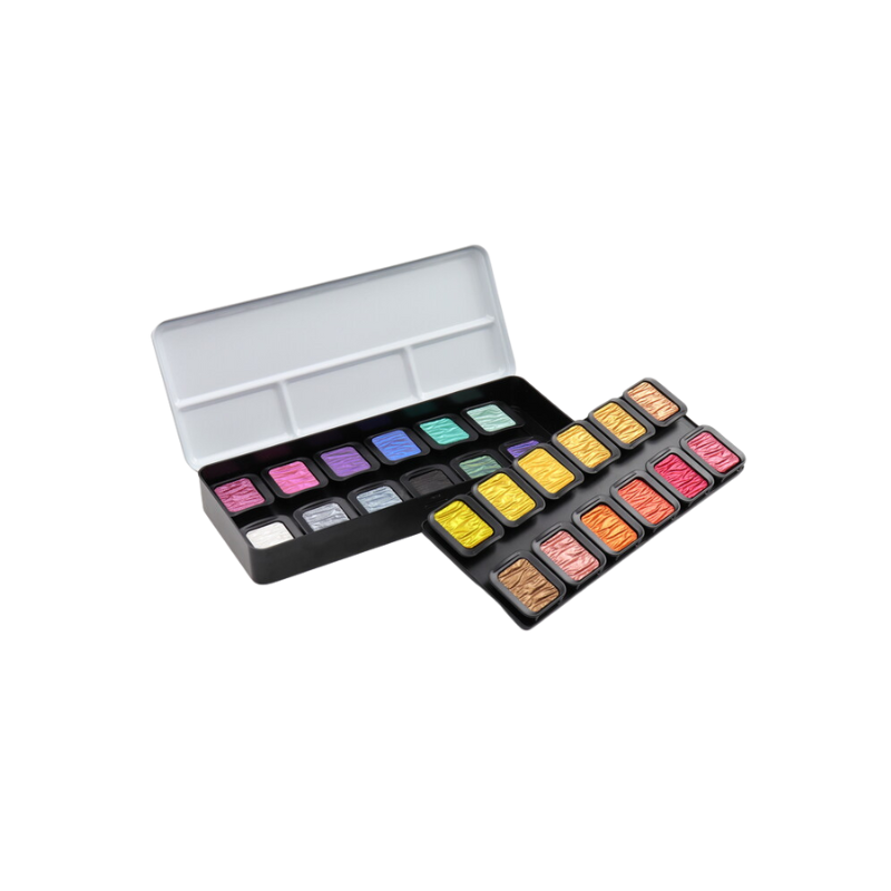 Boîte aquarelle nacrée Finetec - 24 godets - 22 nacrées + 2 flip-flop
