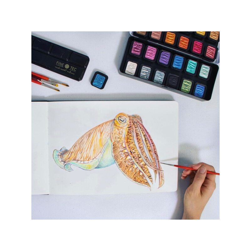 Boîte aquarelle Finetec au mica naturel - 24 godets - 22 nacrées + 2 flip-flop