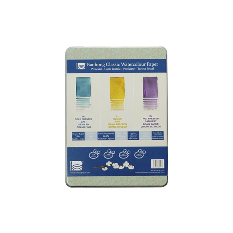 Boite métal 20 cartes postales papier aquarelle Baohong Classic 100% coton