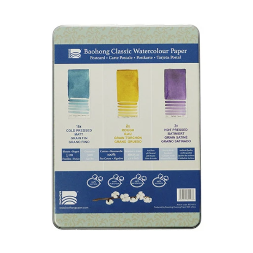 Boite métal 20 cartes postales papier aquarelle Baohong Classic 100% coton
