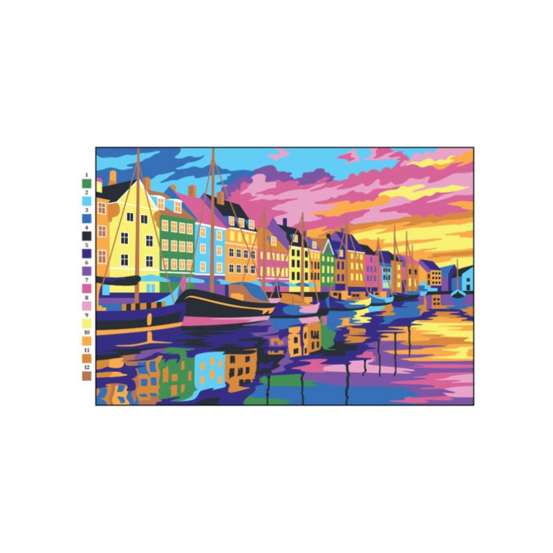 Coloriage numéroté adulte Graph'it - Villes au soleil couchant