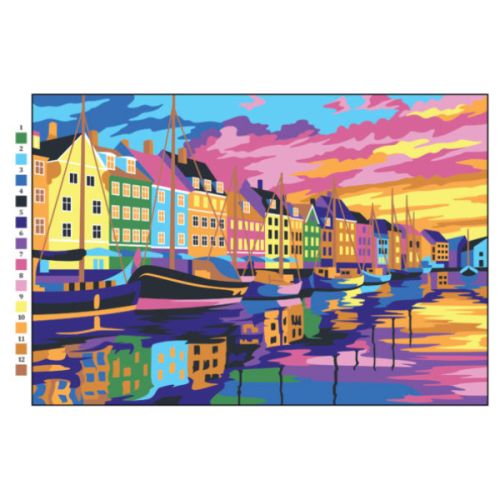 Coloriage numéroté adulte Graph'it - Villes au soleil couchant