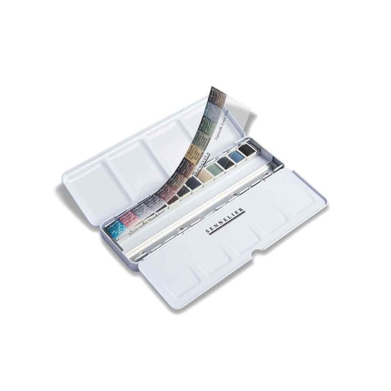 Boite aquarelle Sennelier extra-fine - 12 demi-godets couleurs neutres + 12 emplacements vides dans une boite en métal