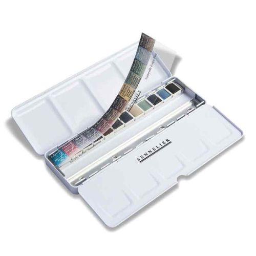 Boite aquarelle Sennelier extra-fine - 12 demi-godets couleurs neutres + 12 emplacements vides dans une boite en métal