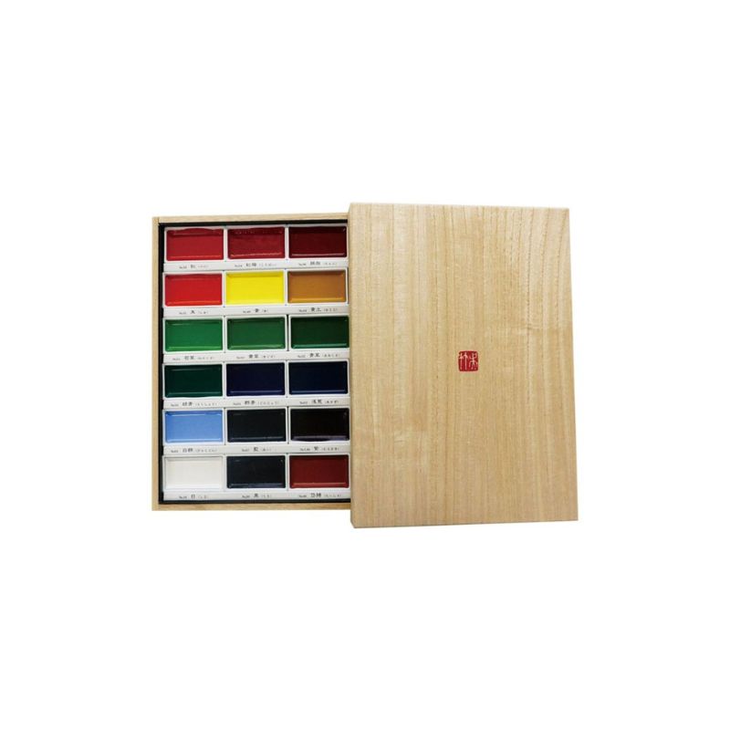 Aquarelle japonaise Gansai Tambi - Coffret bois 18 godets