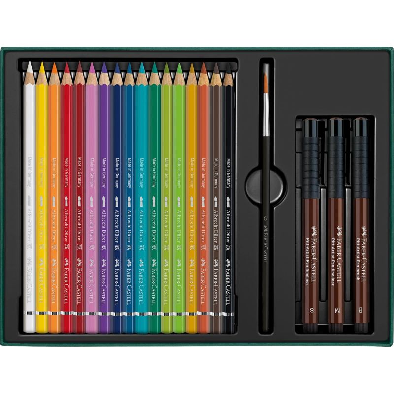 Set mixte aquarelle et encre - 17 crayons Albrecht Dürer + 3 feutres Pitt + pinceau Faber-Castell