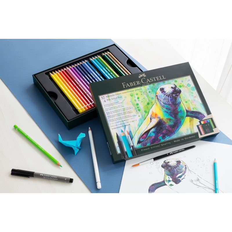 Coffret Faber-Castell - 32 crayons aquarellables Albrecht Dürer + 4 feutres pointe fine Pitt Artist + 1 pinceau