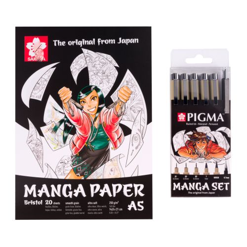 Set Pigma Manga Sakura - 6 stylos pour détails précis + 20 feuilles papier A5 250g Set Pigma Manga Sakura - 6 stylos pour détails précis + 20 feuilles papier A5 250g