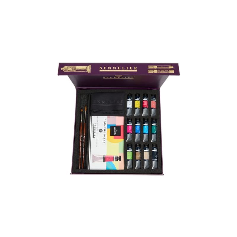 Coffret 12 tubes gouache extra-fine + 1 bloc papier et accessoires - Sennelier Coffret 12 tubes gouache extra-fine + 1 bloc papier et accessoires - Sennelier