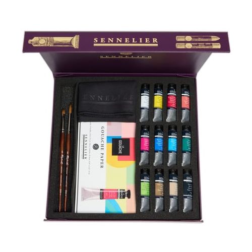 Coffret 12 tubes gouache extra-fine + 1 bloc papier et accessoires - Sennelier Coffret 12 tubes gouache extra-fine + 1 bloc papier et accessoires - Sennelier