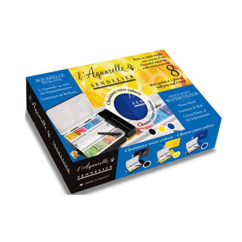 Boite métal émaillé avec 8 demi godets aquarelle Sennelier extra-fine Sennelier + réserve d’eau + 1 pinceau Boite métal émaillé avec 8 demi godets aquarelle Sennelier extra-fine Sennelier + réserve d’eau + 1 pinceau