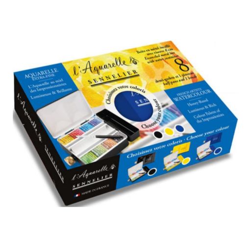 Boite métal émaillé avec 8 demi godets aquarelle Sennelier extra-fine Sennelier + réserve d’eau + 1 pinceau Boite métal émaillé avec 8 demi godets aquarelle Sennelier extra-fine Sennelier + réserve d’eau + 1 pinceau