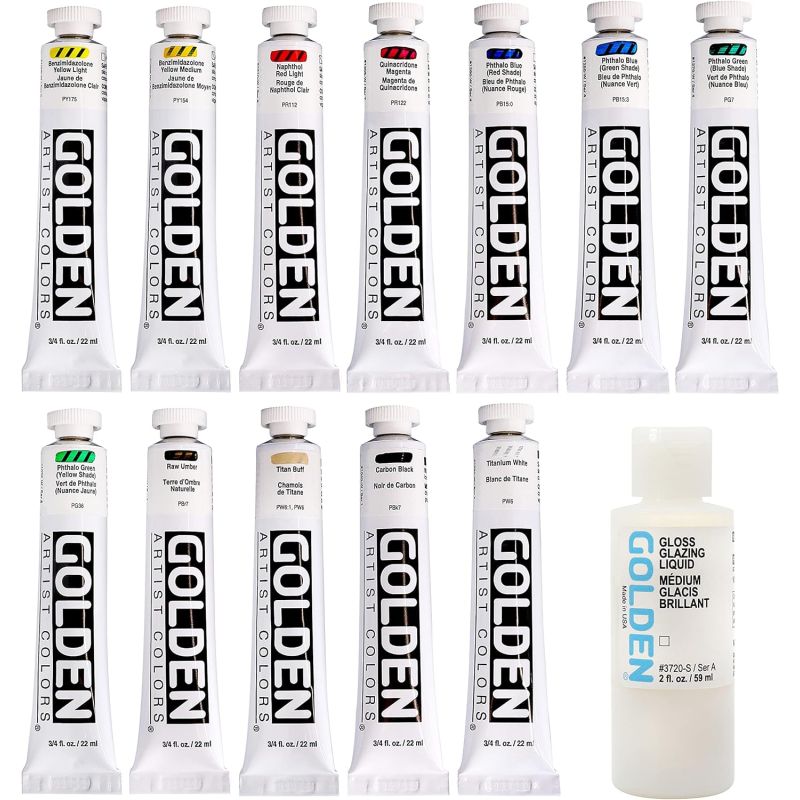 Peinture acrylique extra-fine Golden Heavy Body - Set de 12 tubes + 1 flacon medium brillant Peinture acrylique extra-fine Golden Heavy Body - Set de 12 tubes + 1 flacon medium brillant