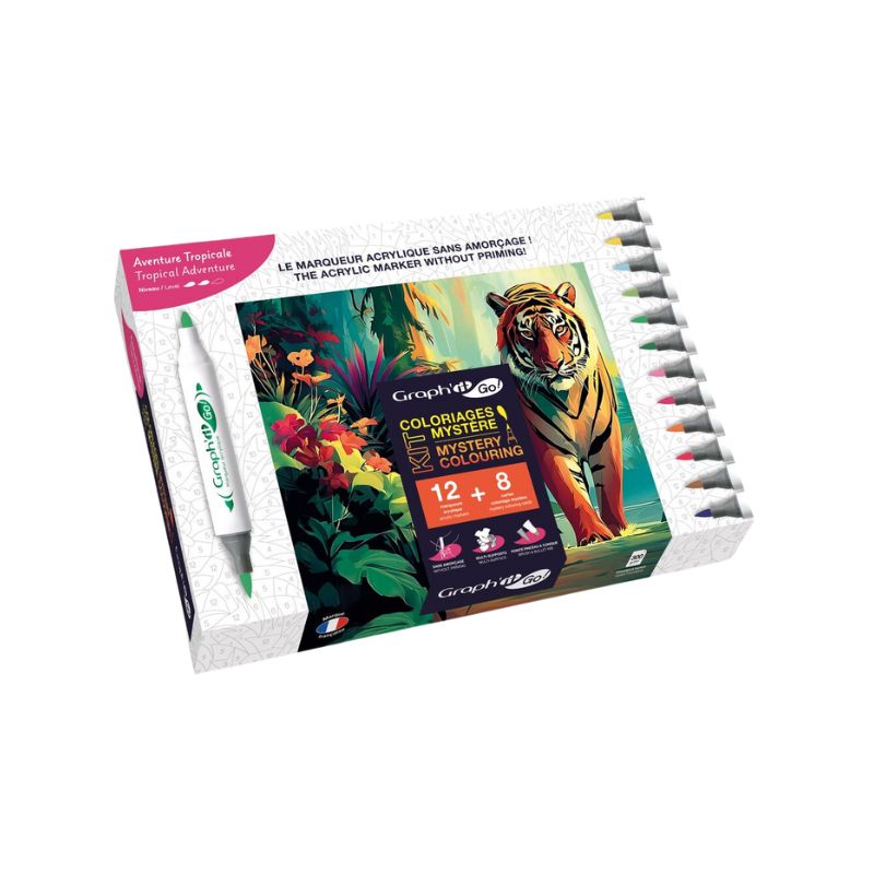 Coloriages mystère adultes - Aventure tropicale - marqueurs acryliques Graph'it Go