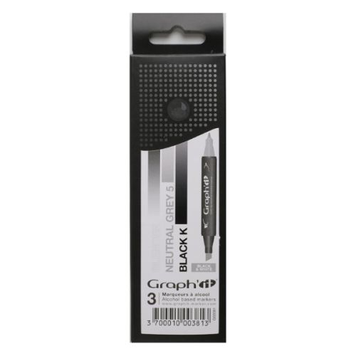 Set 3 marqueurs Graph'it pour illustrations et mangas - Dégradé noir et blanc