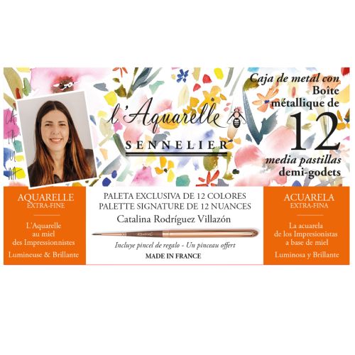 Boîte aquarelle extra-fine Sennelier - 12 demi-godets - Sélection Catalina Rodriguez Villazón + 1 pinceau offert