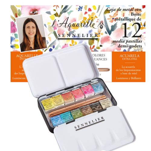 Boîte aquarelle extra-fine Sennelier - 12 demi-godets - Sélection Catalina Rodriguez Villazón + 1 pinceau offert