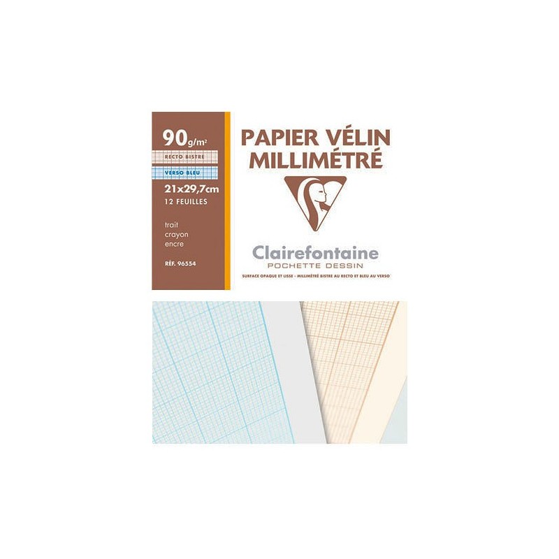 papiervélin Millimétré Clairefontaine en pochette de 12 feuilles 90gr