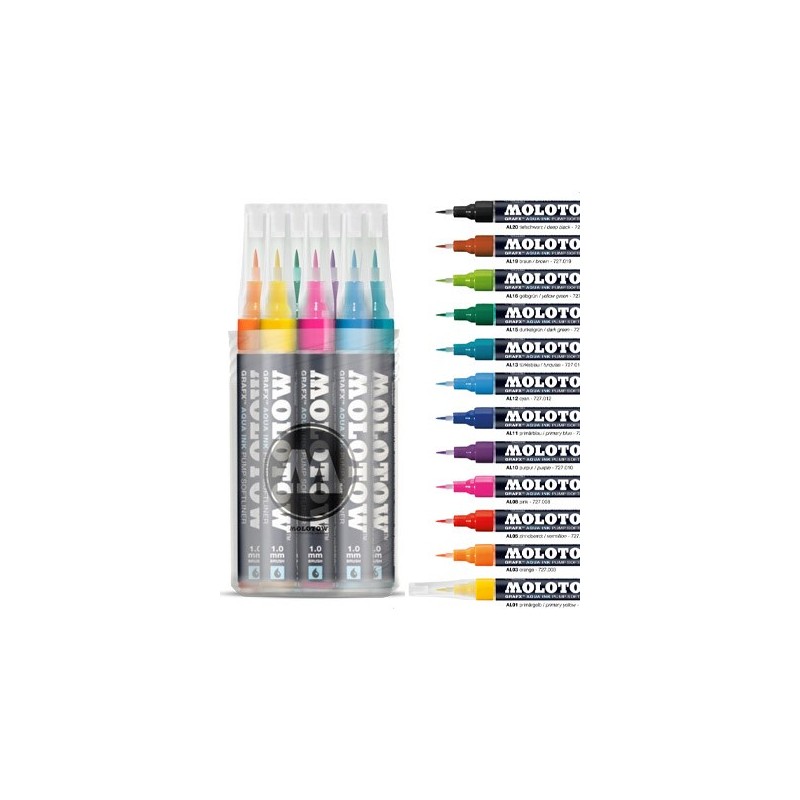 Boîte de 12 feutres pinceaux GRAFX rechargeable - Molotow