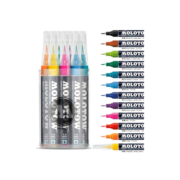 Boîte de 12 feutres pinceaux GRAFX rechargeable - Molotow