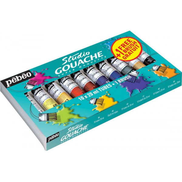 Gouache fine Studio - Assortiment peinture gouache et un pinceau gratuit -  Creastore