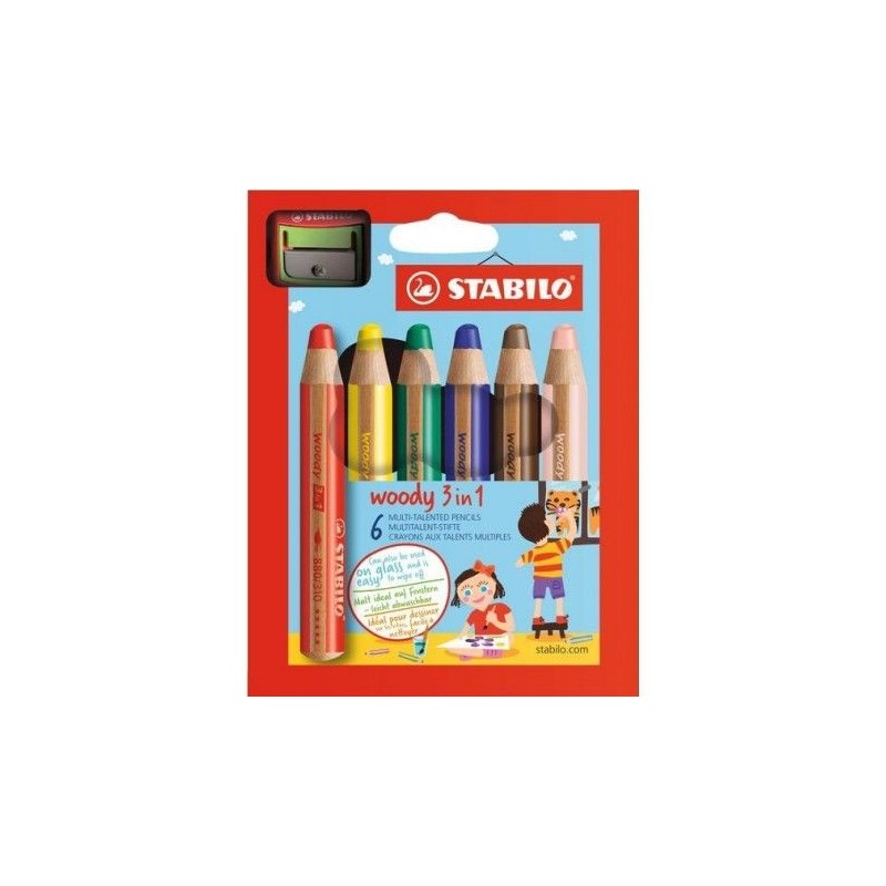 Set de 6 gros crayons Woody + taille crayon de Stabilo