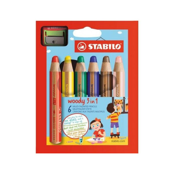 Pochette de 6 crayons Stabilo - 3 en 1 WooDY - avec taille-crayon 