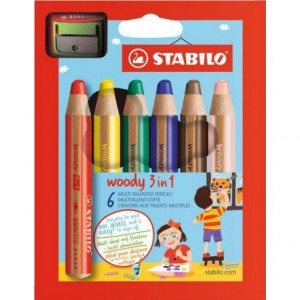 Pochette de 6 crayons Stabilo - 3 en 1 WooDY - avec taille-crayon 