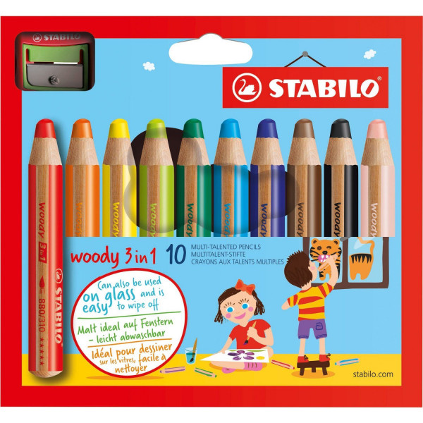 Pochette de 10 crayons Stabilo - 3 en 1 WooDY - avec taille-crayon 