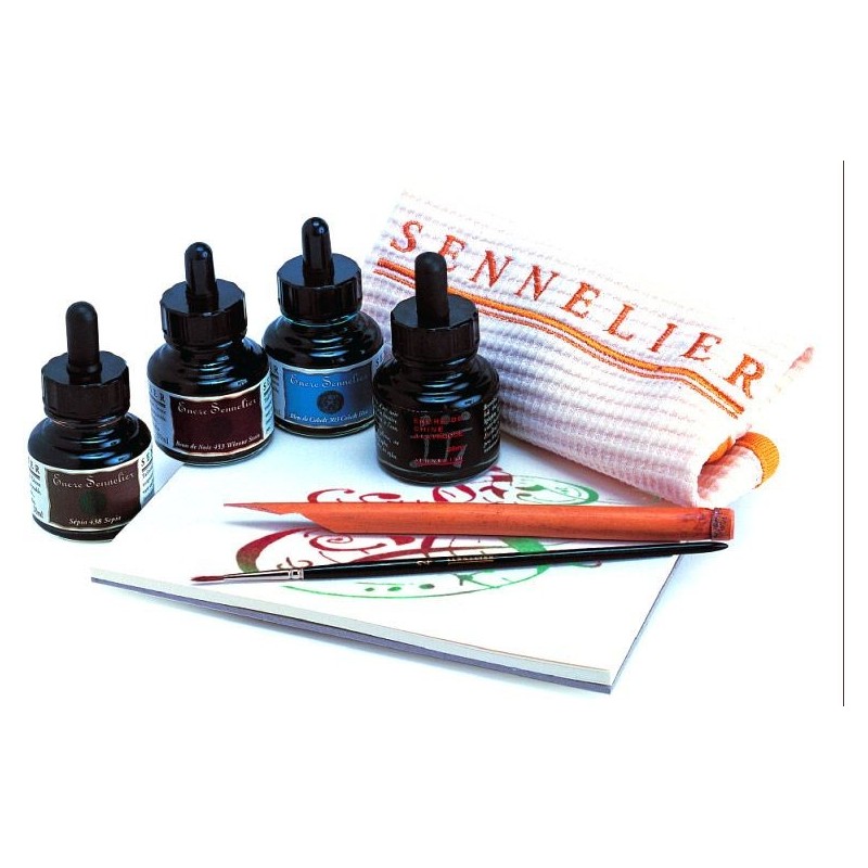 Set de 4 encres de calligraphie Sennelier, pinceau, calame et accessoires