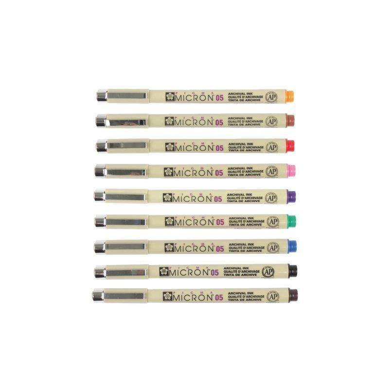 Set de 9 feutres de couleurs Pigma Micron, pointe 05 (pointe 0.45mm)