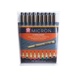 Set de 9 feutres de couleurs Pigma Micron, pointe 05 (pointe 0.45mm)