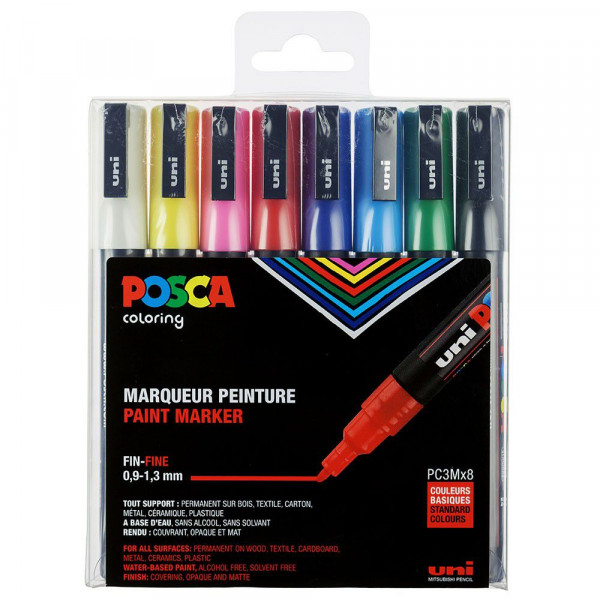 Uni Posca PC3M Marqueur à pointe ogive fine 5 mm Pour toutes surfaces  (métal, tissu, verre), Noir , Lot de 3 : : Cuisine et Maison