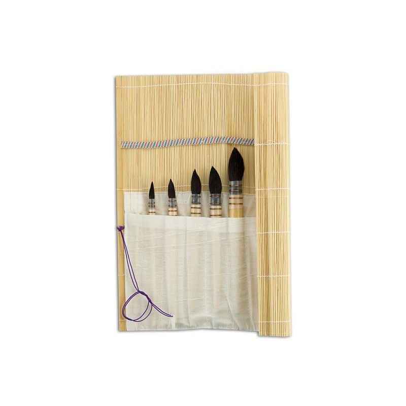 Set de 5 pinceaux en petit-gris pur + une natte bambou de rangement