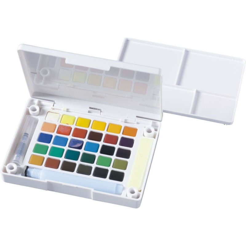 Boîte plastique de 30 demi-godets d'aquarelle japonaise Koi et accessoires de Sakrua