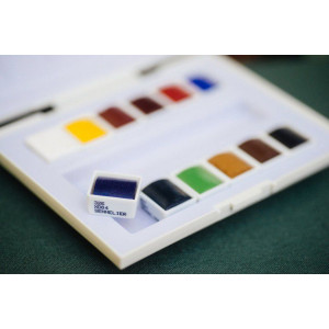 Boîte de voyage la petite aquarelle - 12 demi-godets - Palette pour mélanges incluse - Couleurs facilement mélangeables -  Senne