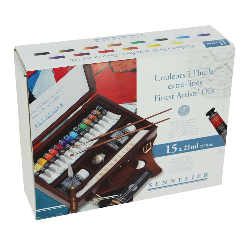 Coffret bois brun avec poignées cuir huile  extra fine Sennelier 