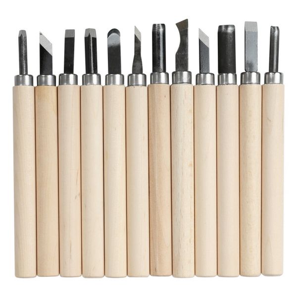 12 outils avec manche bois pour gravure sur lino et bois tendre