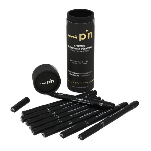 Etui de 8 feutres calibrés + Brush - Uni Pin Etui de 8 feutres calibrés + Brush - Uni Pin