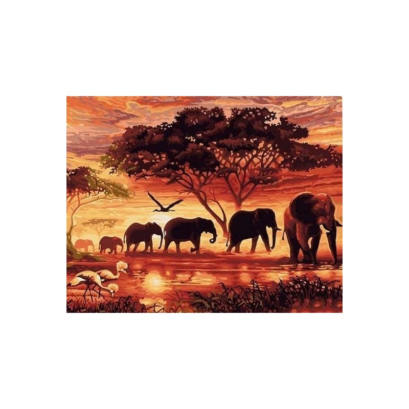 Peinture par numéros - Eléphants au Coucher du soleil - Figured'Art 